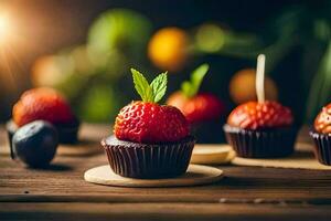 chocolate cupcakes with strawberries on a wooden table. AI-Generated photo