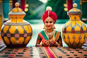 un mujer en tradicional indio atuendo poses con dos grande jarrones generado por ai foto