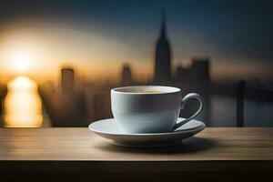 café taza en el mesa con ciudad en el antecedentes. generado por ai foto