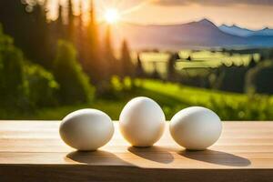 three eggs on a table in front of a mountain. AI-Generated photo