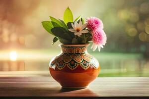 a vase with flowers on a table in front of a lake. AI-Generated photo
