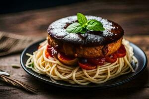 a plate with spaghetti and meat on top. AI-Generated photo