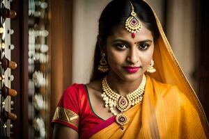 a beautiful indian woman wearing a traditional sari. AI-Generated photo