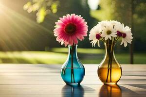 two vases with flowers on a table. AI-Generated photo