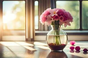 a vase with pink flowers sitting on a table. AI-Generated photo