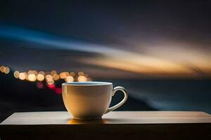 un taza de café en un mesa en frente de un ciudad a noche. generado por ai foto