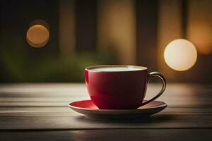 a red cup of coffee on a wooden table. AI-Generated photo