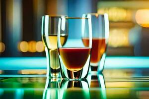 Tres lentes de vino en un mesa con un borroso antecedentes. generado por ai foto