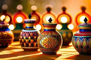 many colorful vases are lined up on a table. AI-Generated photo