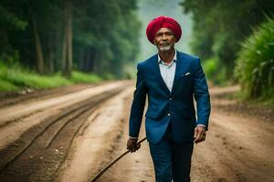 an indian man in a blue suit and turban walking down a dirt road. AI-Generated photo