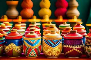 colorful pottery on display at a market. AI-Generated photo