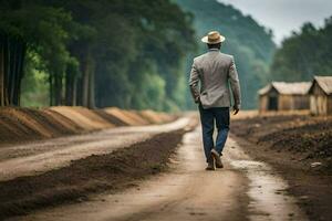 un hombre en un traje y sombrero caminando abajo un suciedad la carretera. generado por ai foto