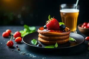 pancakes with berries and a glass of beer. AI-Generated photo