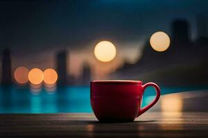 a red coffee cup sits on a table in front of a city skyline. AI-Generated photo