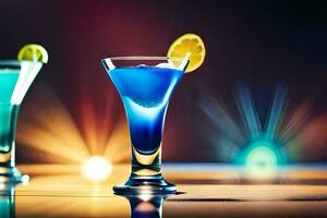 two drinks with blue and yellow liquid in glasses. AI-Generated photo