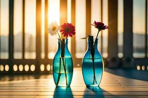 two vases with flowers sitting on a wooden table. AI-Generated photo