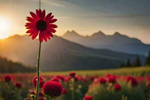 red flower in the middle of a field with mountains in the background. AI-Generated photo