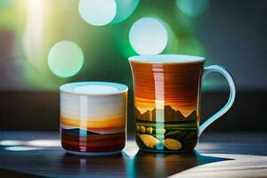 two coffee mugs with a mountain scene on them. AI-Generated photo
