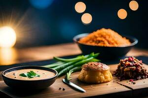 un de madera mesa con comida en él. generado por ai foto