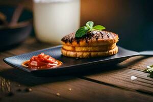 grilled cheese sandwich on a black plate with tomato sauce. AI-Generated photo