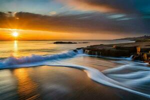 un hermosa puesta de sol terminado el Oceano con olas estrellarse dentro el costa. generado por ai foto