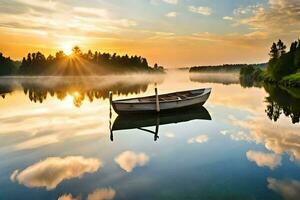 a boat is floating on a calm lake at sunrise. AI-Generated photo