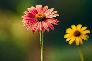 two pink flowers are standing next to each other. AI-Generated photo