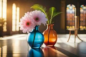 two vases with flowers sitting on a table. AI-Generated photo