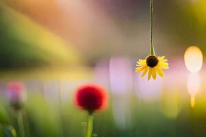 un amarillo flor colgando desde un cuerda en el césped. generado por ai foto