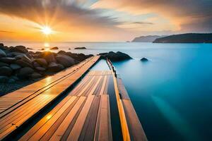 a wooden pier in the ocean at sunset. AI-Generated photo