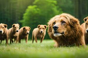 un grupo de perros y un león en el césped. generado por ai foto