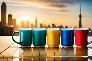 vistoso café tazas en un mesa con ciudad horizonte en el antecedentes. generado por ai foto