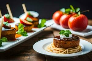a plate of food with spaghetti and apples. AI-Generated photo