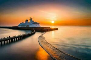 a cruise ship docked at the pier at sunset. AI-Generated photo