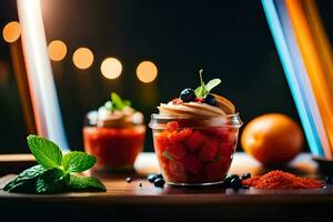 two dessert jars with fruit and mint on a wooden table. AI-Generated photo