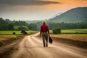 a man walking down a dirt road with a hat. AI-Generated photo