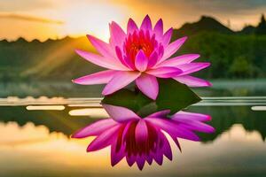 a pink lotus flower is reflected in the water at sunset. AI-Generated photo