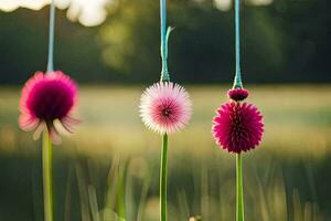 four flowers hanging from strings in a field. AI-Generated photo