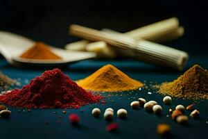 various spices and spices on a table. AI-Generated photo