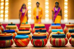 colorful pots with people in traditional saris. AI-Generated photo