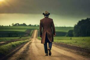 a man in a hat and coat walking down a dirt road. AI-Generated photo
