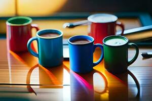 five colorful coffee mugs sit on a table. AI-Generated photo