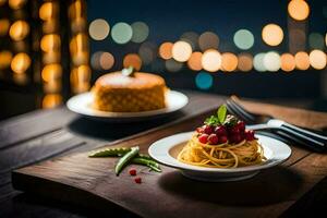 spaghetti and a cake on a plate. AI-Generated photo