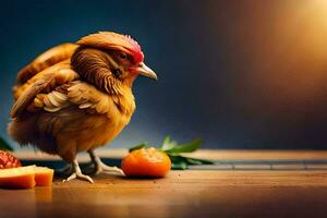 a chicken is standing on a wooden table with fruit. AI-Generated photo