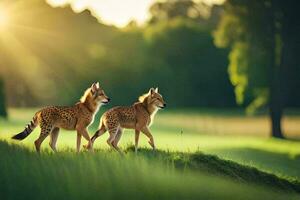 two cheetah cubs walking in the grass at sunset. AI-Generated photo