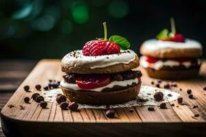 two mini cakes with cream and strawberries on top. AI-Generated photo