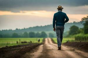 un hombre caminando abajo un suciedad la carretera en el medio de un campo. generado por ai foto