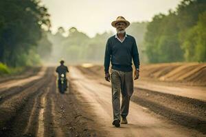 an older man walking down a dirt road with a motorcycle behind him. AI-Generated photo