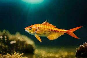 un pescado nadando en el Oceano con luz de sol brillante en él. generado por ai foto