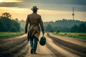 un hombre en un zanja Saco camina abajo un suciedad la carretera. generado por ai foto